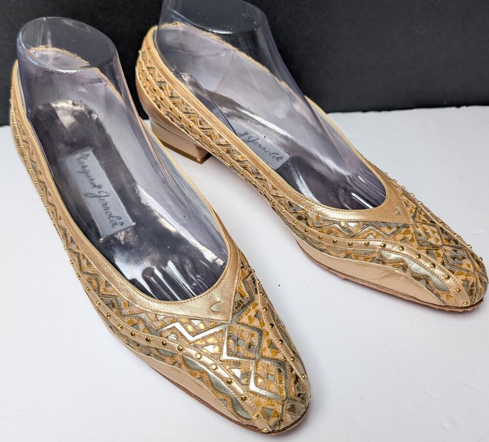 Vtg Margaret Jerrold Pointed Toe Pumps WOMENS 9.5N Gold Silver Art Deco Spain